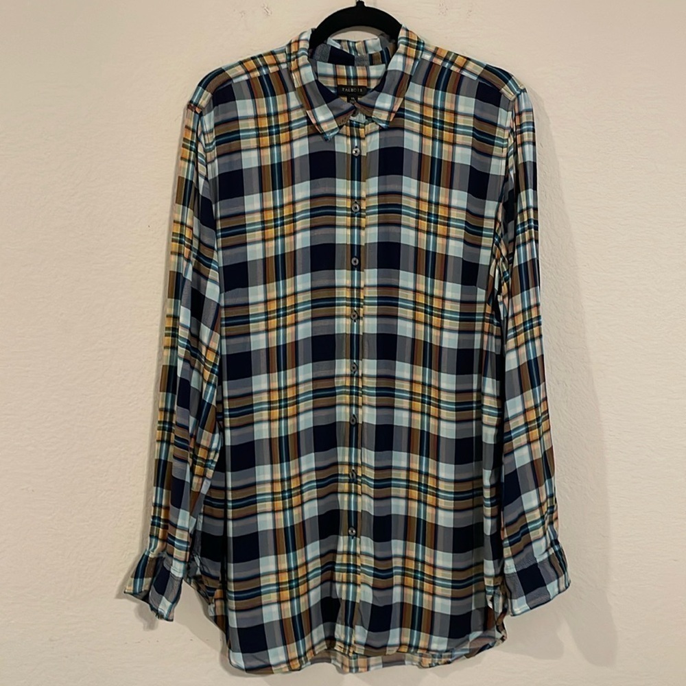 Talbots Women's Button Front Shirt XL Black Colorful Plaid Preppy Contemporary